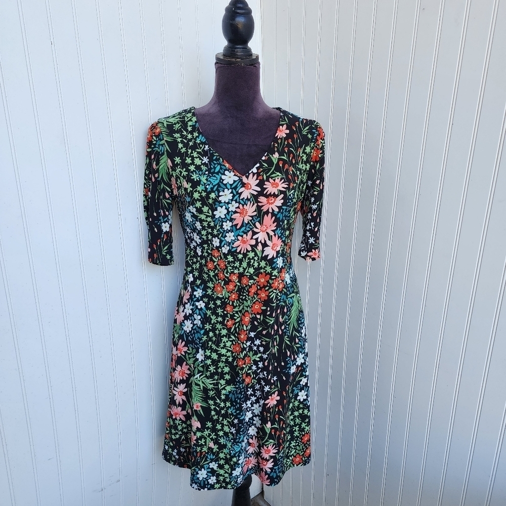 Tommy Hilfiger Womens Black Green Floral Print V Neck Fit Flare Dress Stretch 4